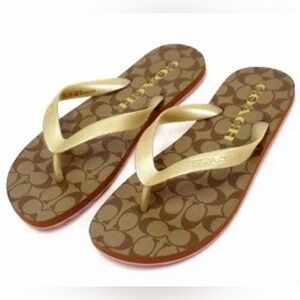 •COACH•BROWN & GOLD SIGNATURE “C” MONOGRAM “ZAK” FLIP FLOP SANDALS SIZE 8-9 EUC